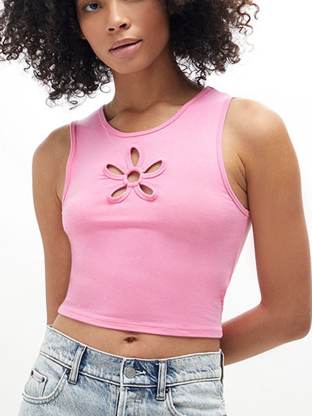 small pink tank top with flower cutout